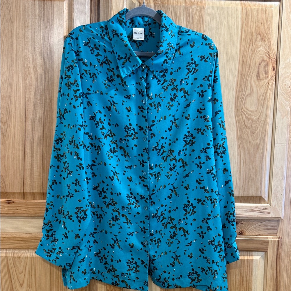 Blair Teal Blue Black Leafy Flowy Long Sleeve Tunic Button Up Shirt Size 2XL
